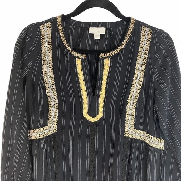 J Jill Peasant Blouse XS Black White Stripe Lace - Picture 3 of 14